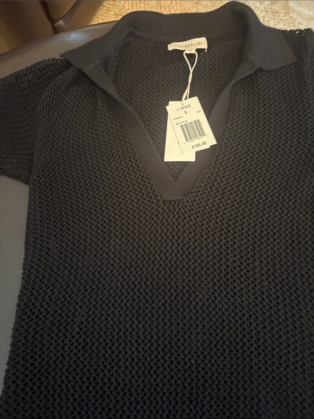 l*space Black V-Neck Mesh Polo coverup